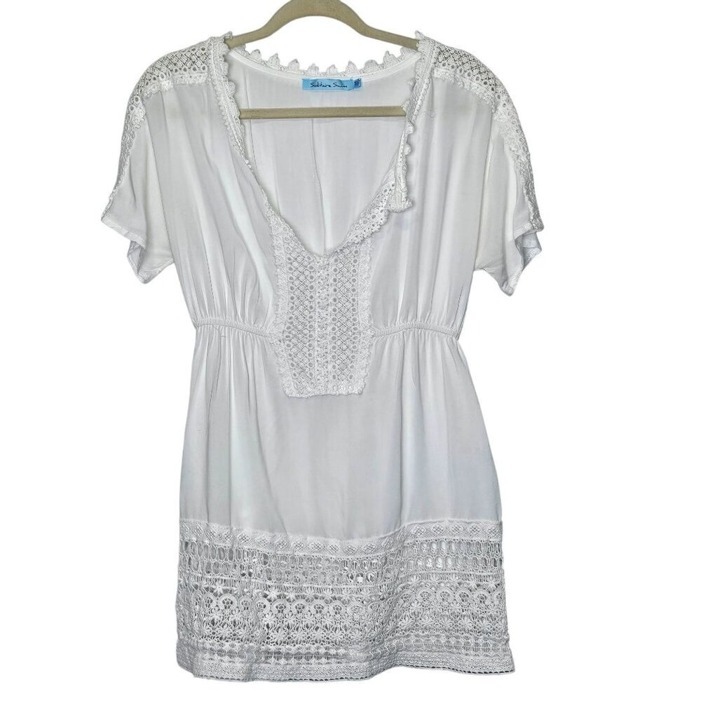 Solitaire Swim Cover up Crochet Lace‎ Boho Dress V-Neck Elastic Waist Pullover